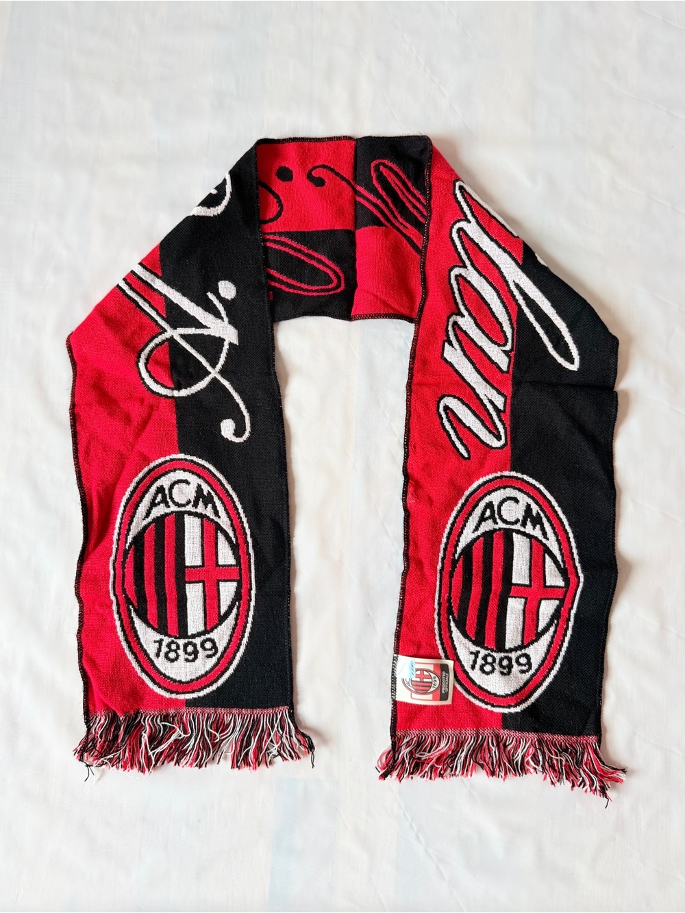 Vintage AC Milan Scarf Soccer Fan Red Black Script Crest Italy Authentic Y2K 90s